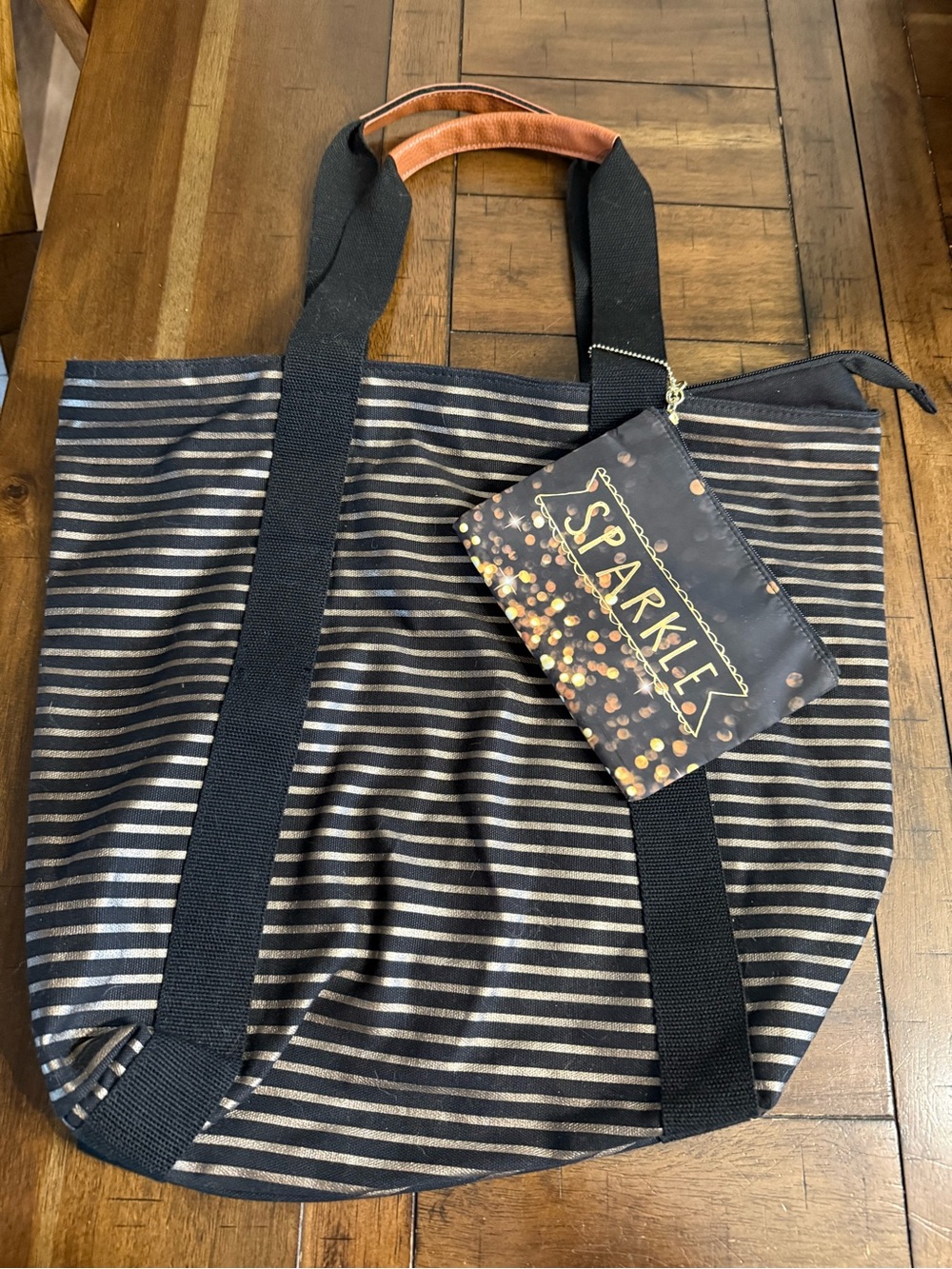 Bath & Body Works Black & Gold Striped Tote with Sparkle Cosmetic Bag
